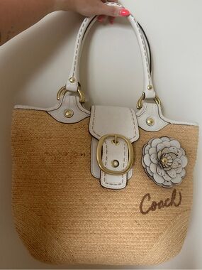 Coach Natural Straw Tote with White Leather Trim and Floral Accent